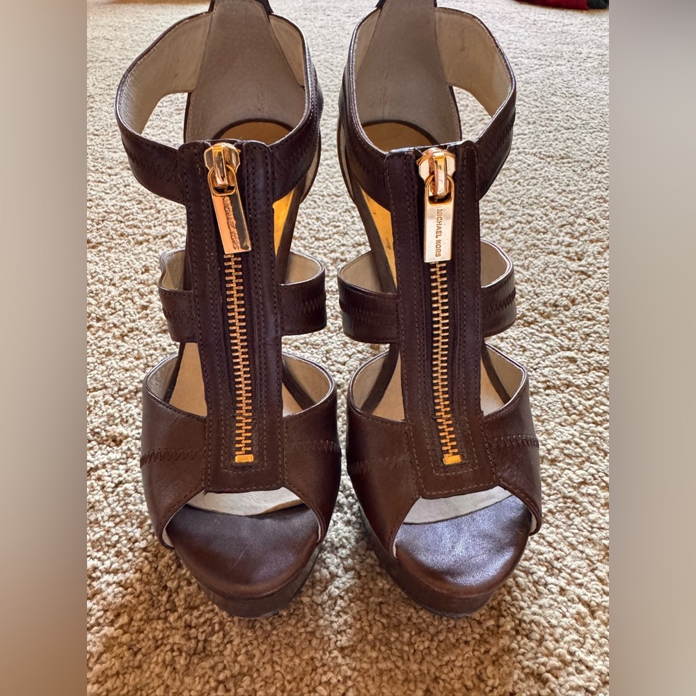 Michael Kors Dark Brown Heels with Gold Zipper 6 1/2